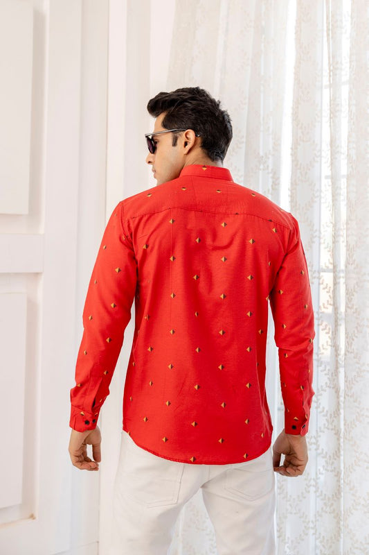 Men Cotton Printed Short Red Kurta