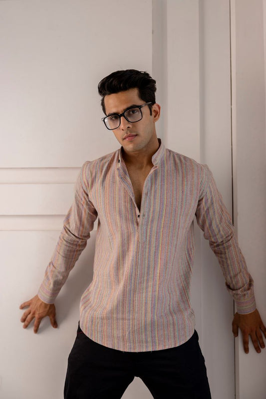 Men Cotton Printed Short Multicolor Kurta