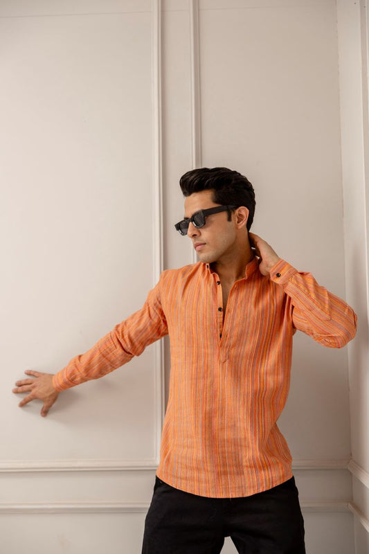 Men Cotton Printed Short Orange Kurta
