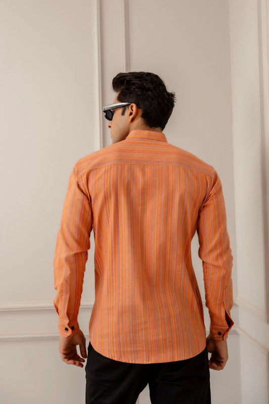 Men Cotton Printed Short Orange Kurta