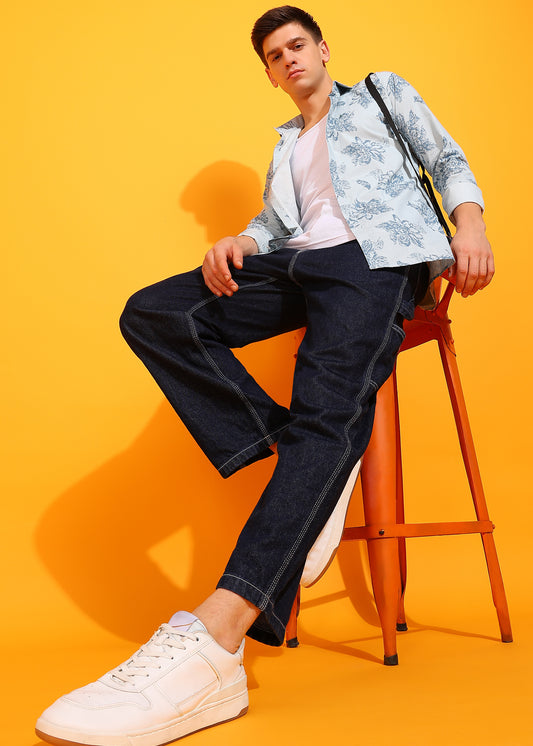 Blue Big Floral Printed  Casual Shirt For Men