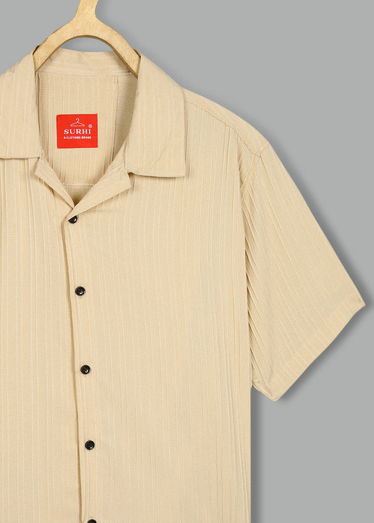Beige Textured Solid Half Sleeves Shirt