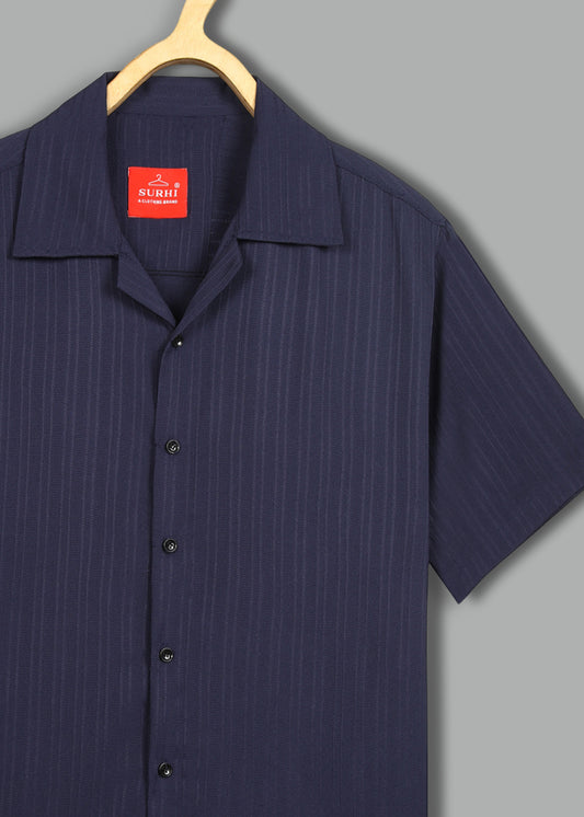 Navy Blue Textured Solid Half Sleeves Shirt