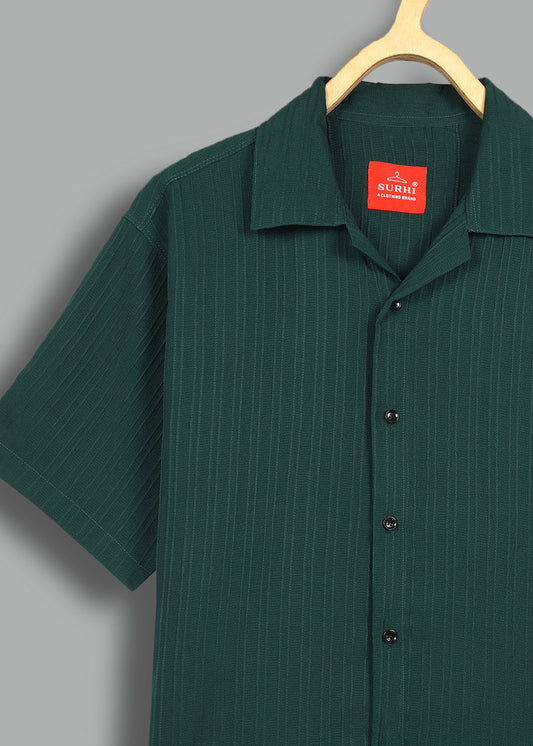 Dark Green Textured Solid Half Sleeves Shirt
