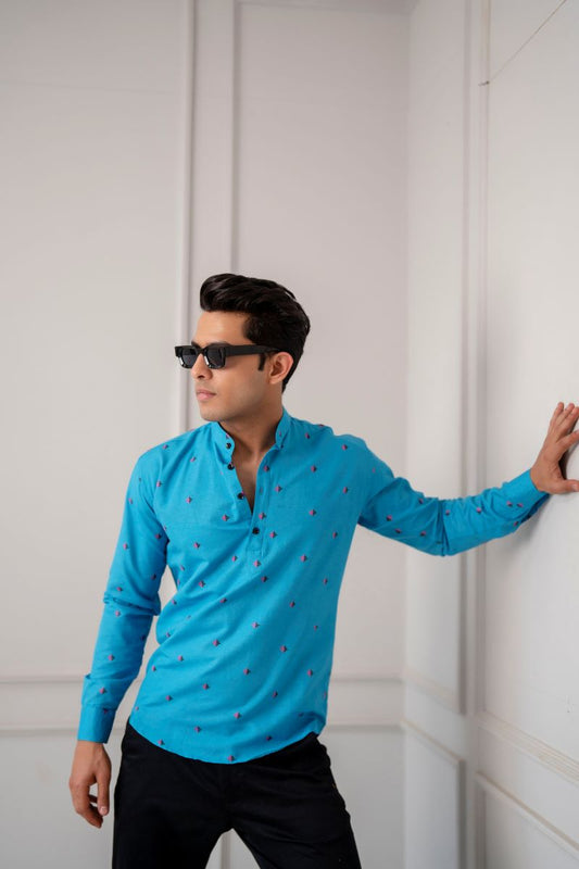 Men Cotton Printed Short Sky Blue Kurta