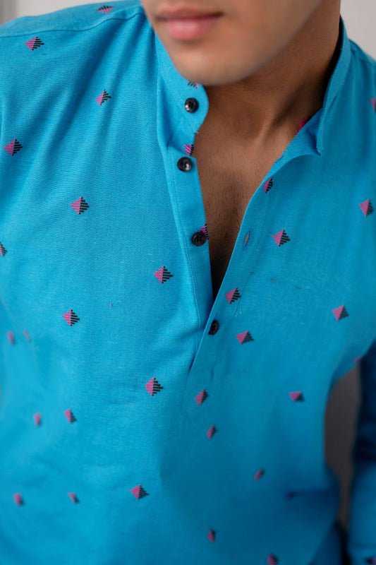 Men Cotton Printed Short Sky Blue Kurta