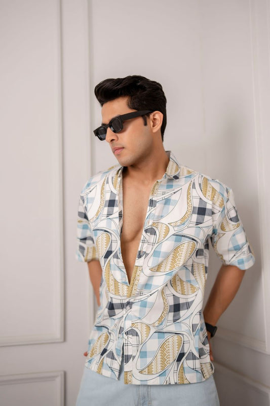 Ogee Boxy Print Blue Oversize Shirt