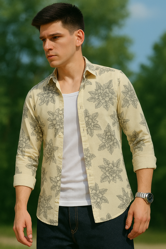 Yellow Big Floral Printed  Casual Shirt For Men