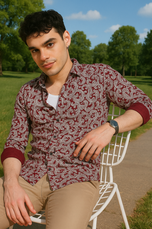 Maroon Ethnic motif Printed Casual Shirt For Men