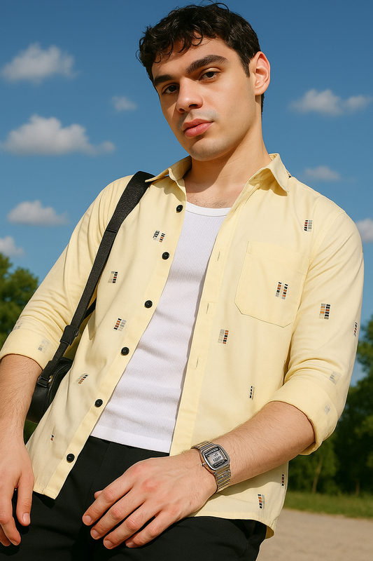 Cream Printed Casual Shirt For Men