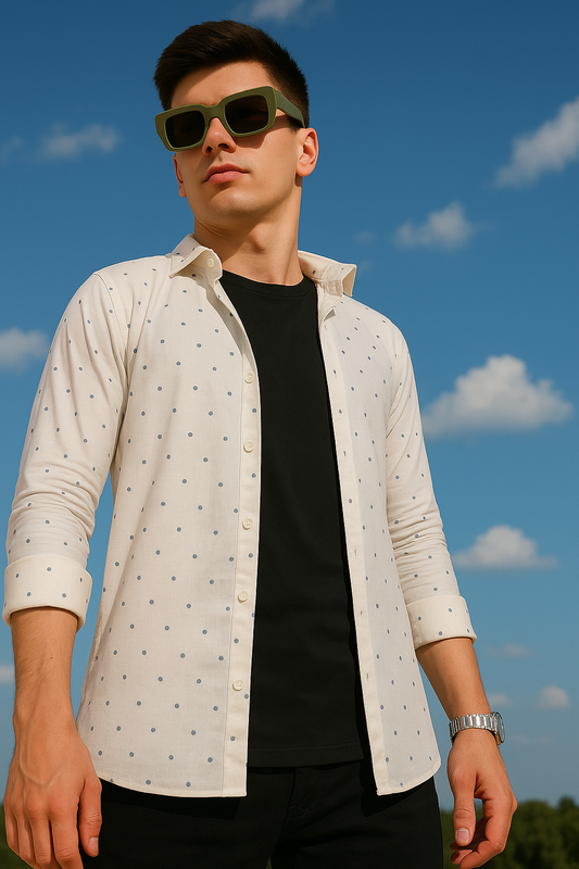 Polka Print Casual White Shirt For Men