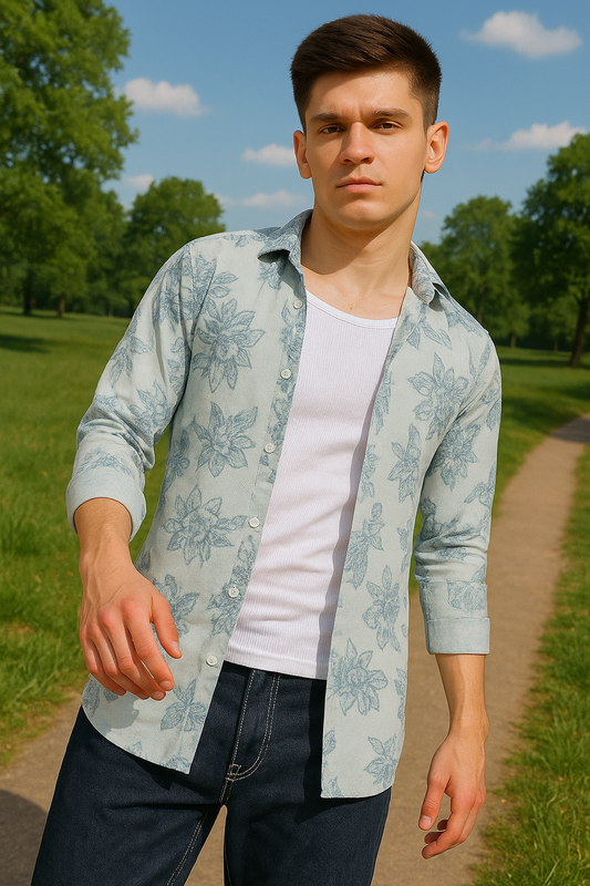Blue Big Floral Printed  Casual Shirt For Men