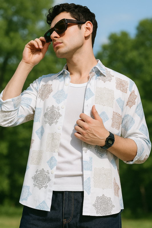 Damask Abstract Print White Shirt