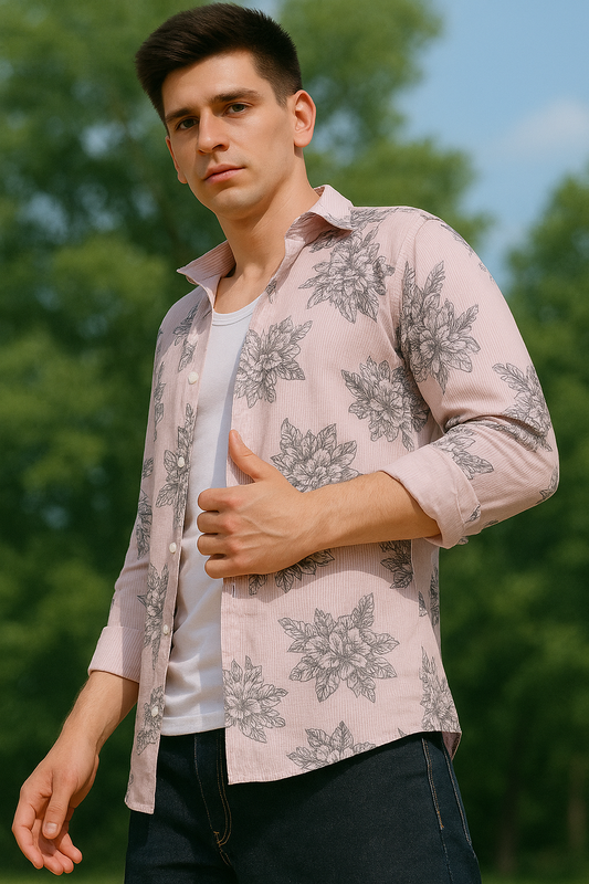 Pink Big Floral Printed  Casual Shirt For Men