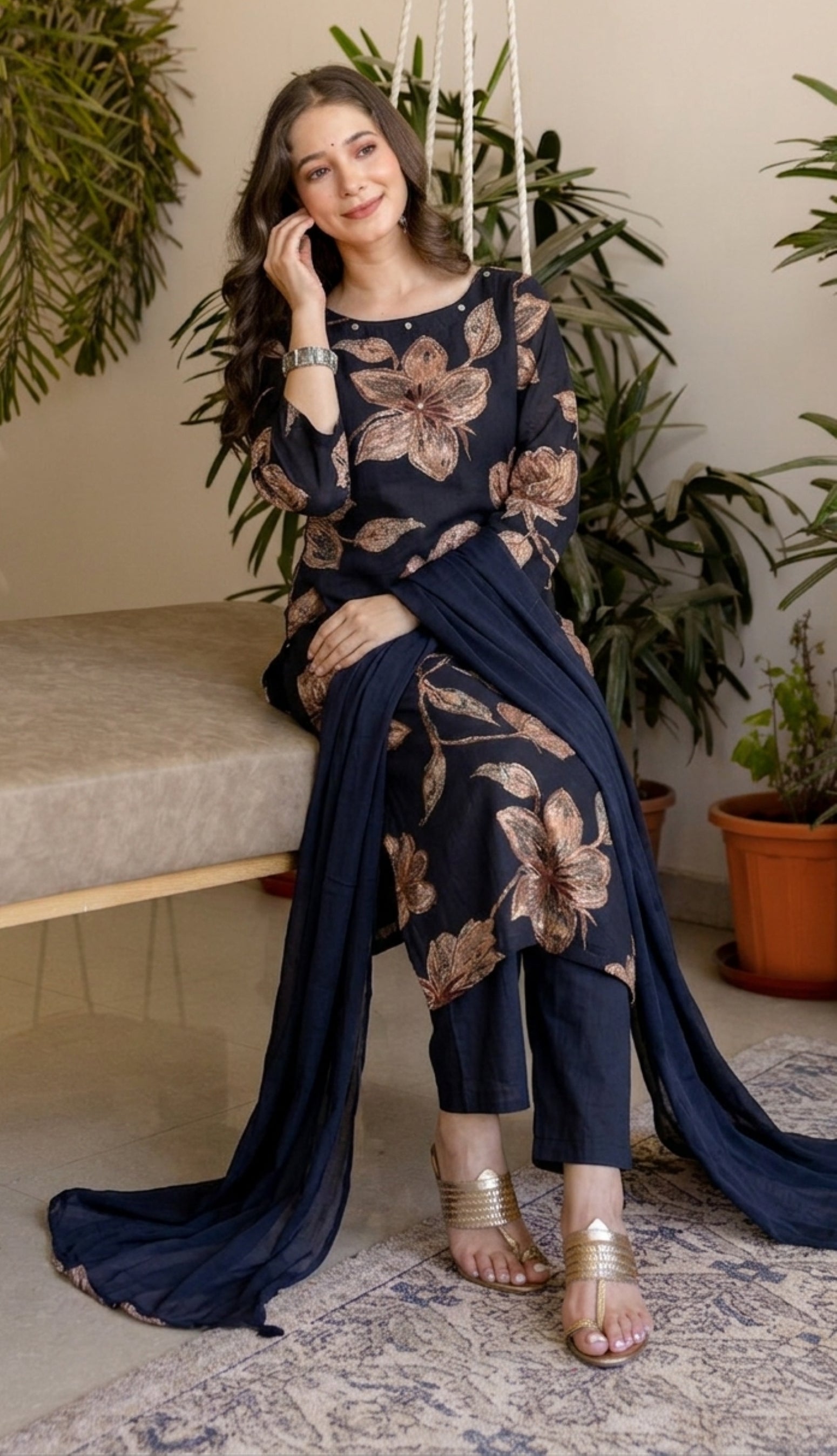 Navy Blue Printed Embroidered Kurta , Pant And Dupatta set.