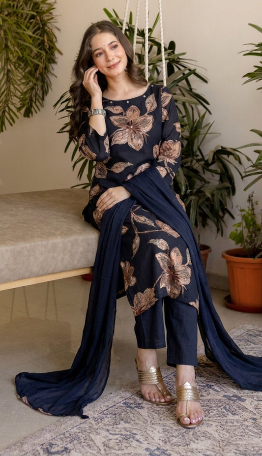 Navy Blue Printed Embroidered Kurta , Pant And Dupatta set.