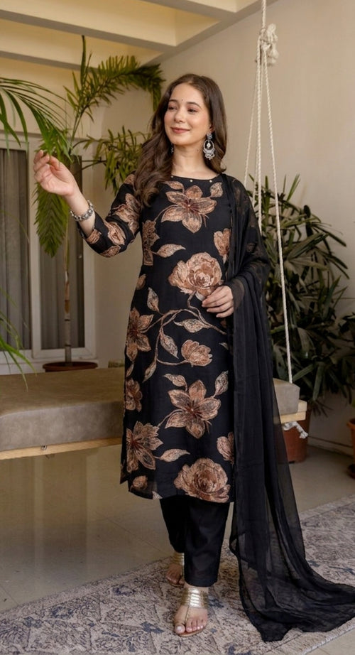 Navy Blue Printed Embroidered Kurta , Pant And Dupatta set.