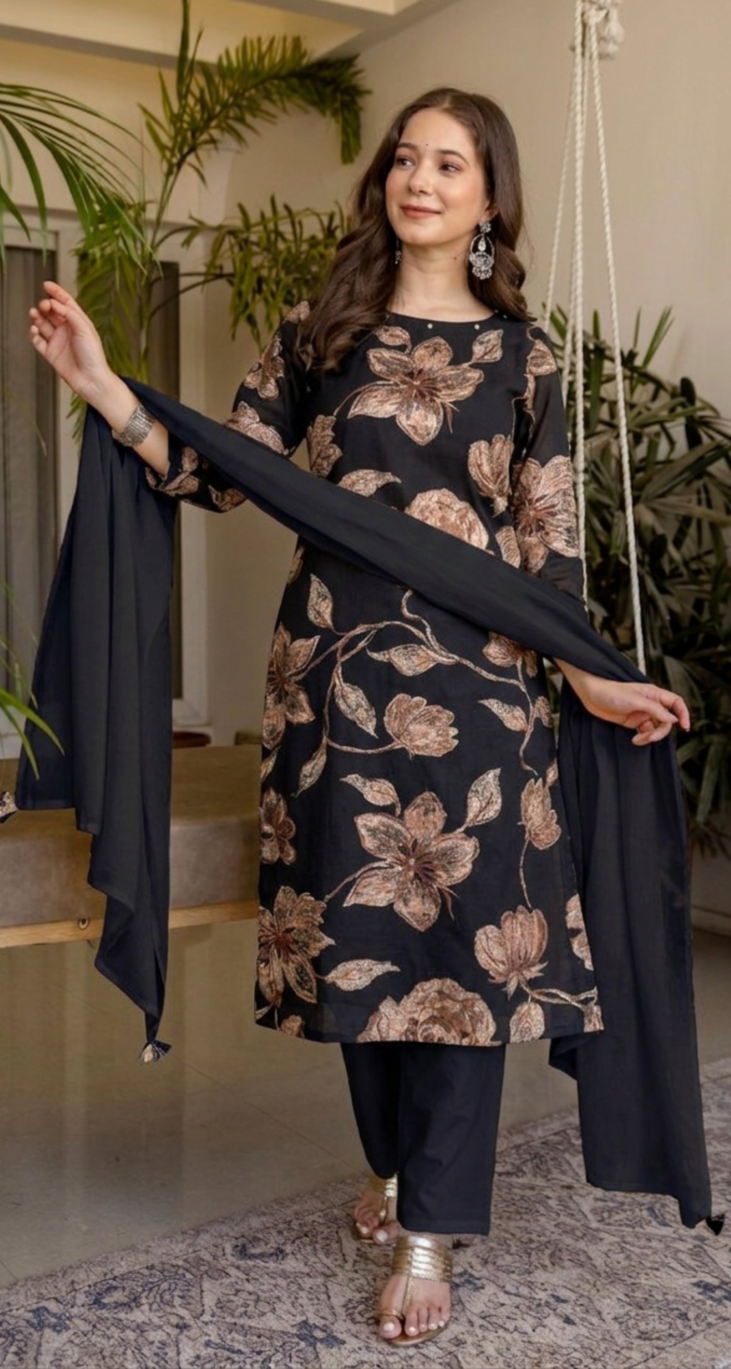 Navy Blue Printed Embroidered Kurta , Pant And Dupatta set.