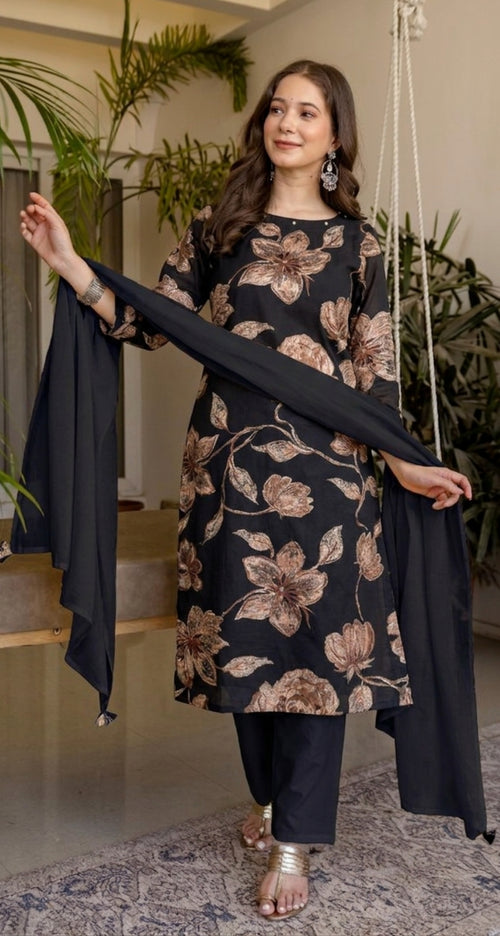 Navy Blue Printed Embroidered Kurta , Pant And Dupatta set.