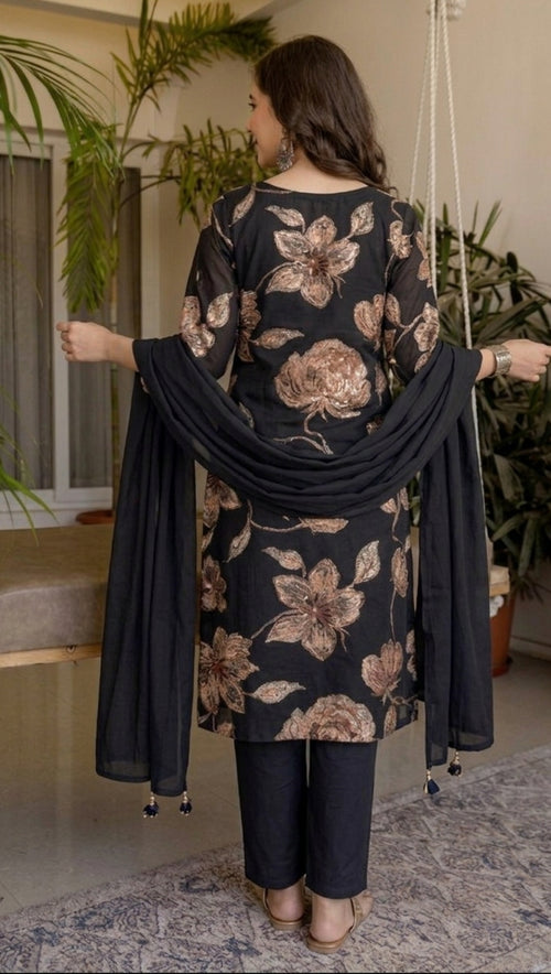 Navy Blue Printed Embroidered Kurta , Pant And Dupatta set.