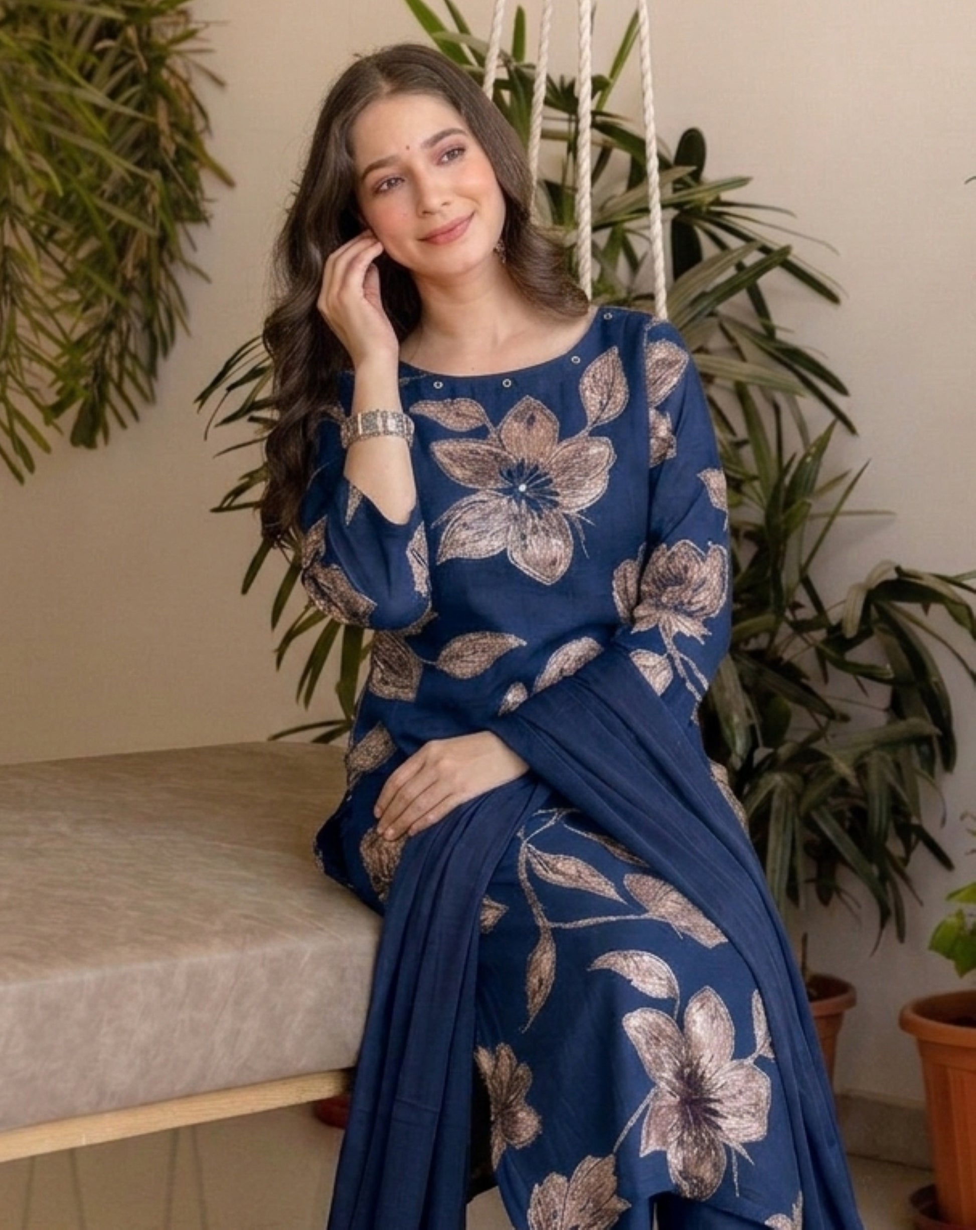 Blue Printed Embroidered Kurta , Pant And Dupatta set.