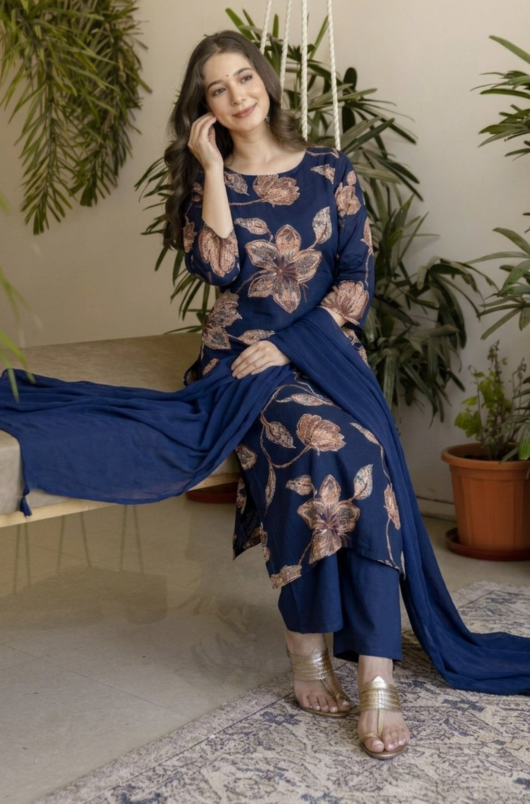 Blue Printed Embroidered Kurta , Pant And Dupatta set.