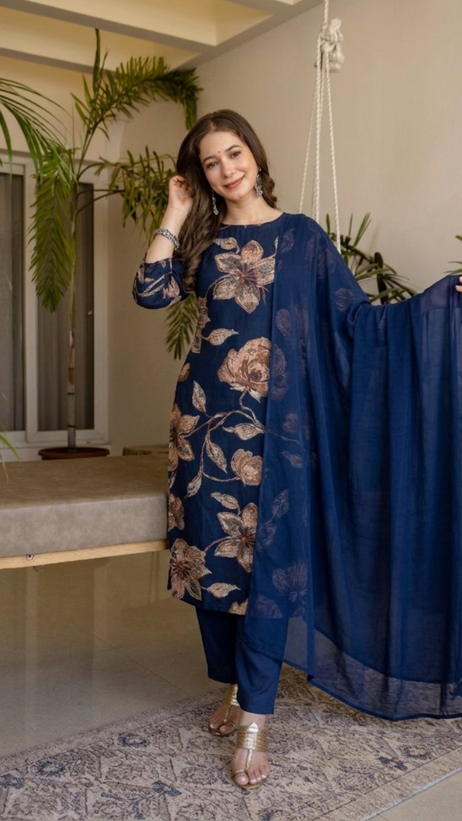 Blue Printed Embroidered Kurta , Pant And Dupatta set.