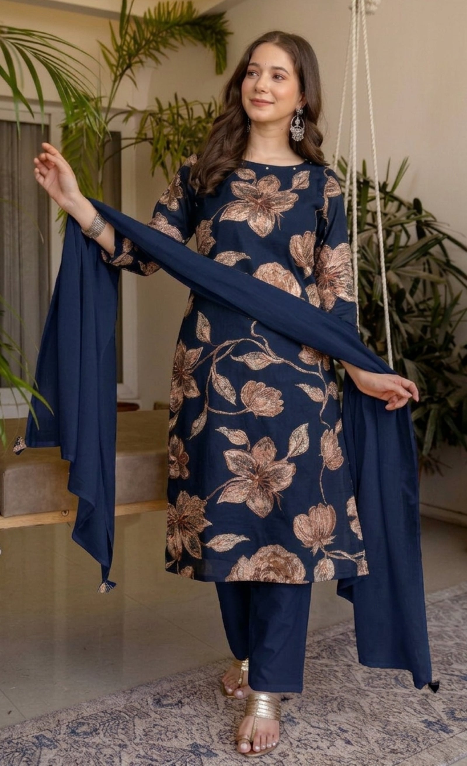 Blue Printed Embroidered Kurta , Pant And Dupatta set.
