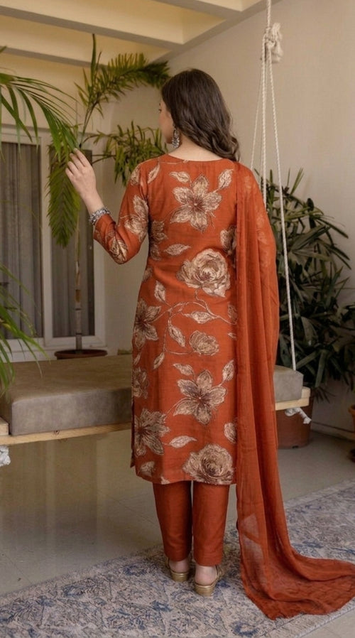 Orange Printed Embroidered Kurta , Pant And Dupatta set.