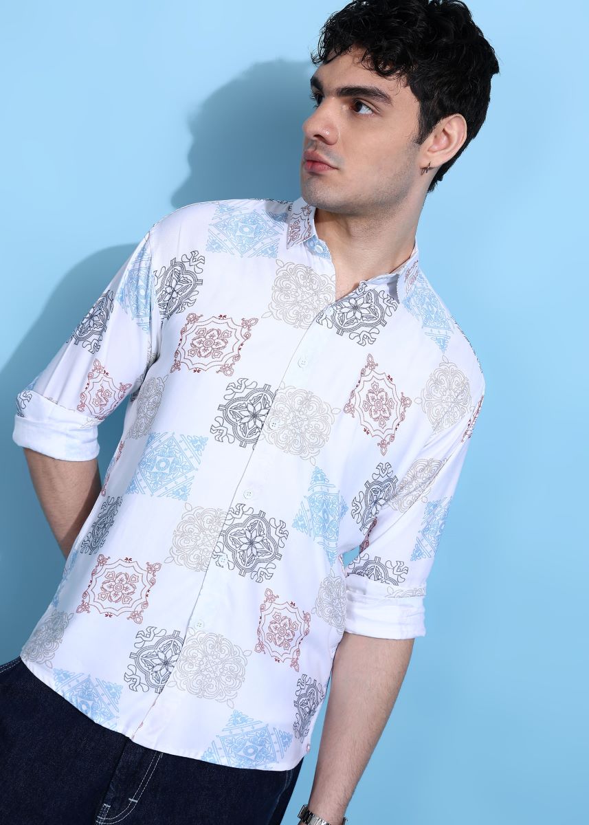 Damask Abstract Print White Shirt