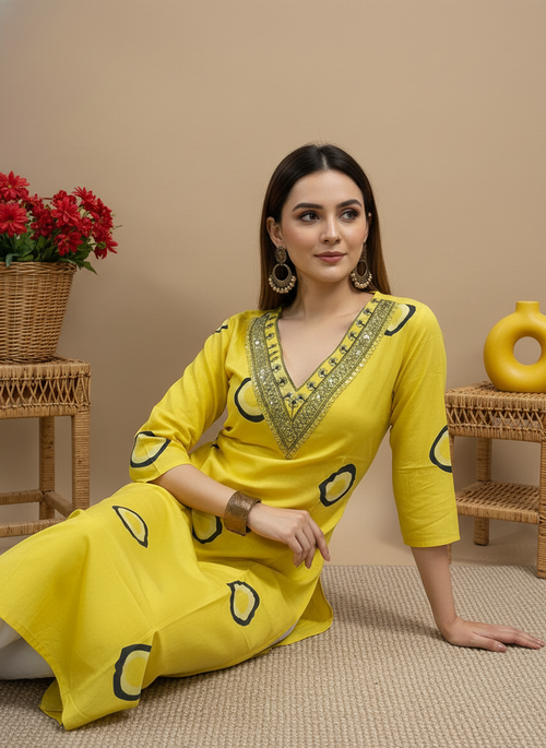 Yellow Printed Embroidered Pure Cotton Straight Kurta.