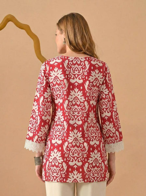 Floral Printed Red & White Pure Cotton Short Kurti.