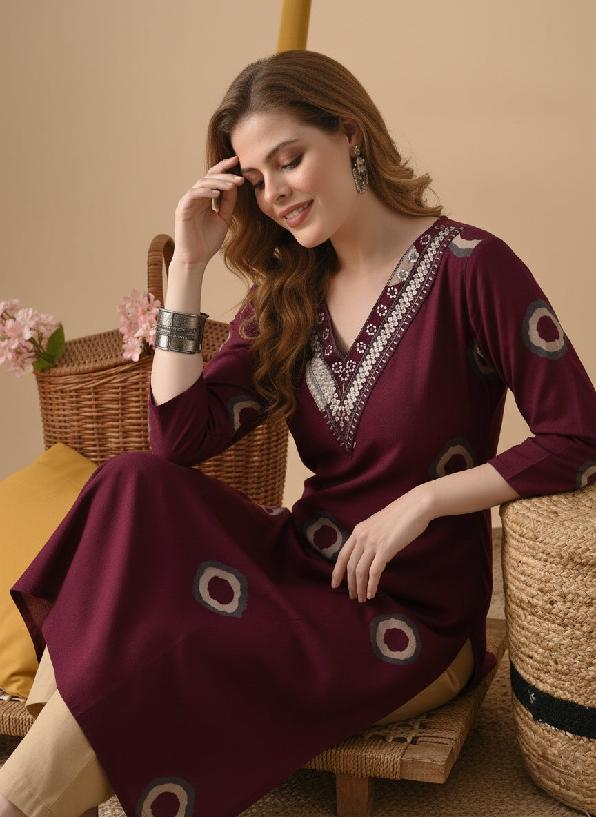 Maroon Printed Embroidered Pure Cotton Straight Kurta.