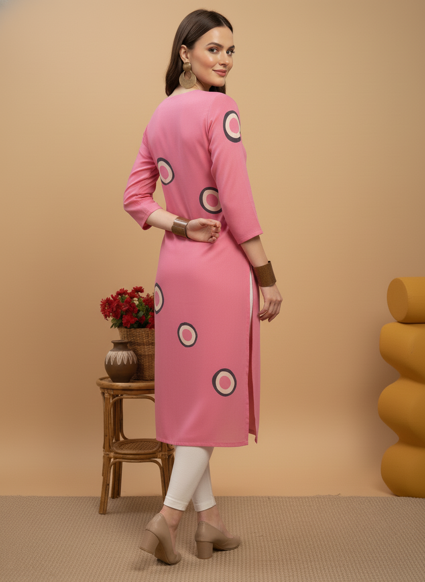 Pink Printed Embroidered Pure Cotton Straight Kurta.