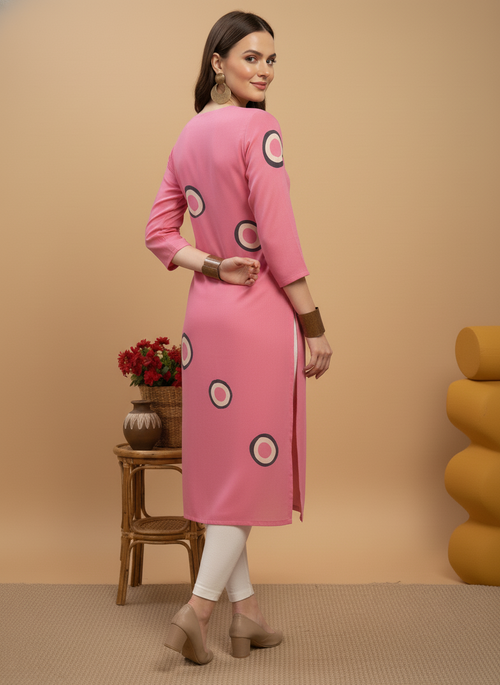Pink Printed Embroidered Pure Cotton Straight Kurta.