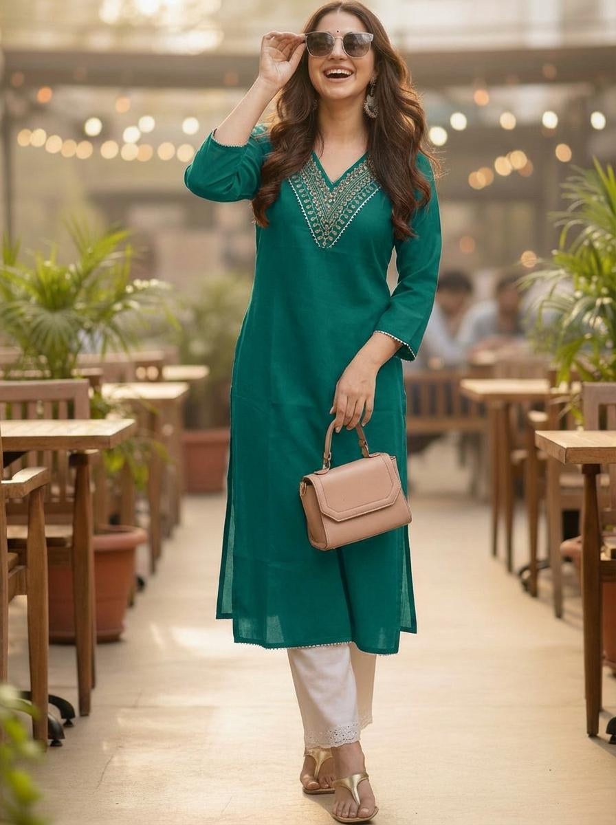 Teal Green Printed Embroidered Pure Cotton Straight Kurta.