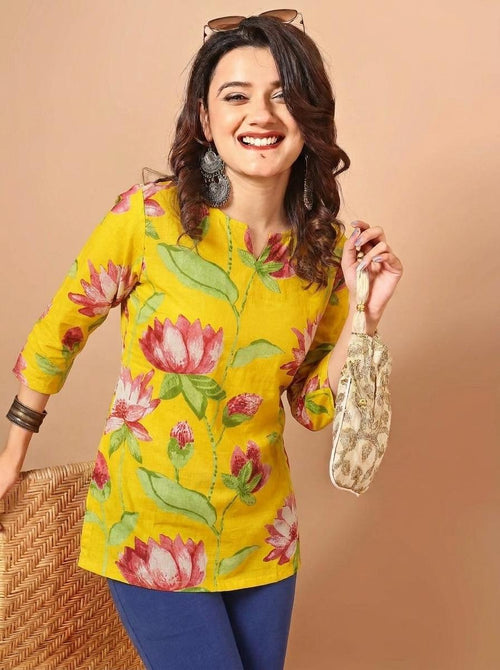 Floral Printed Yellow Pure Cotton Short Kurti.