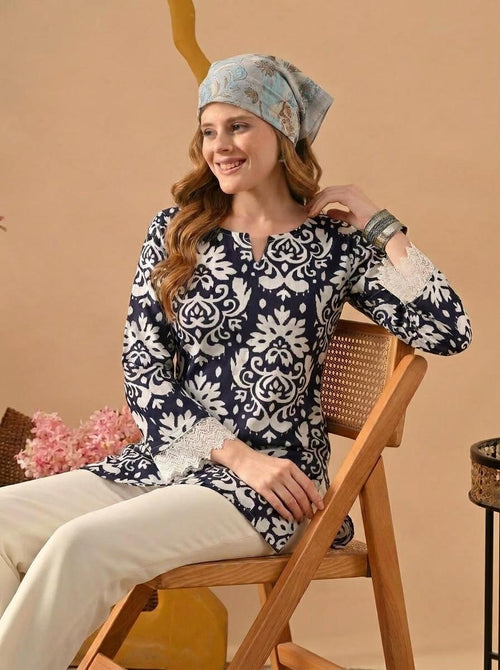 Floral Print Navy Blue & White Pure Cotton Short Kurti.