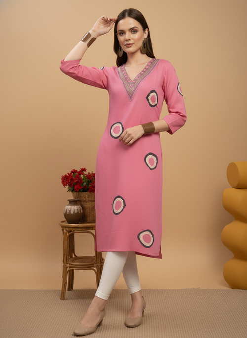 Pink Printed Embroidered Pure Cotton Straight Kurta.