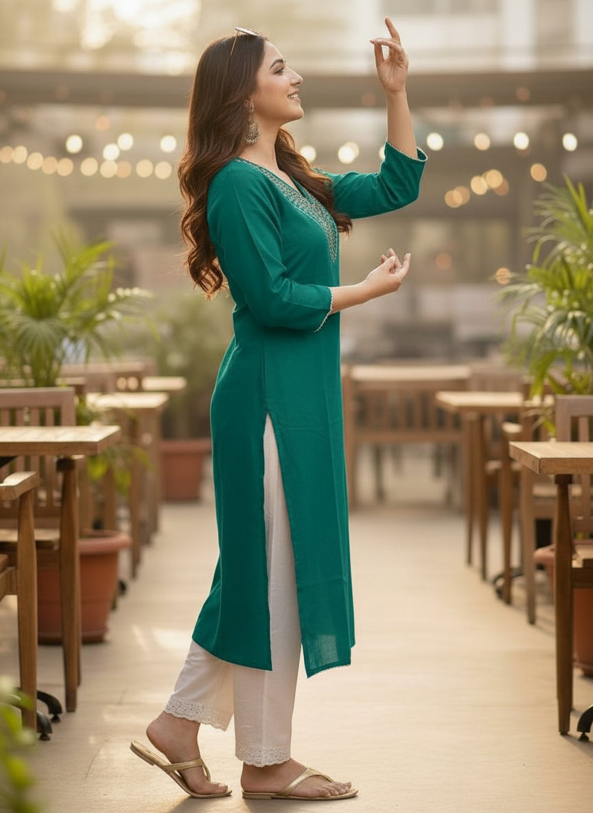 Teal Green Printed Embroidered Pure Cotton Straight Kurta.