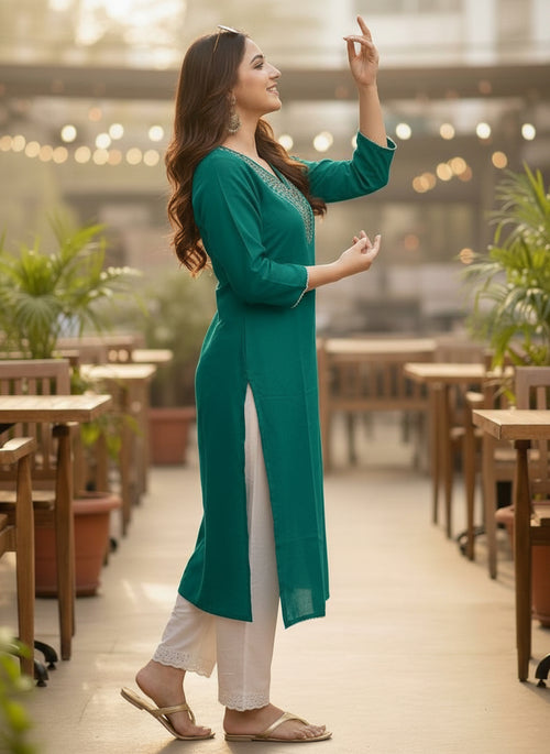 Teal Green Printed Embroidered Pure Cotton Straight Kurta.