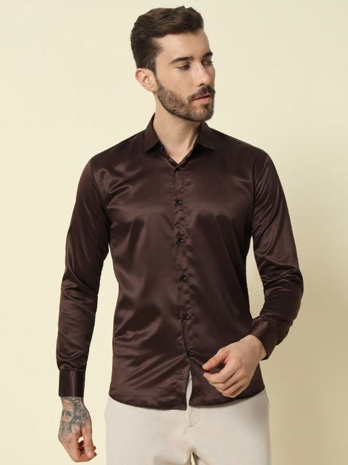 Solid Shiny Solid Dark Brown Shirt For Men.