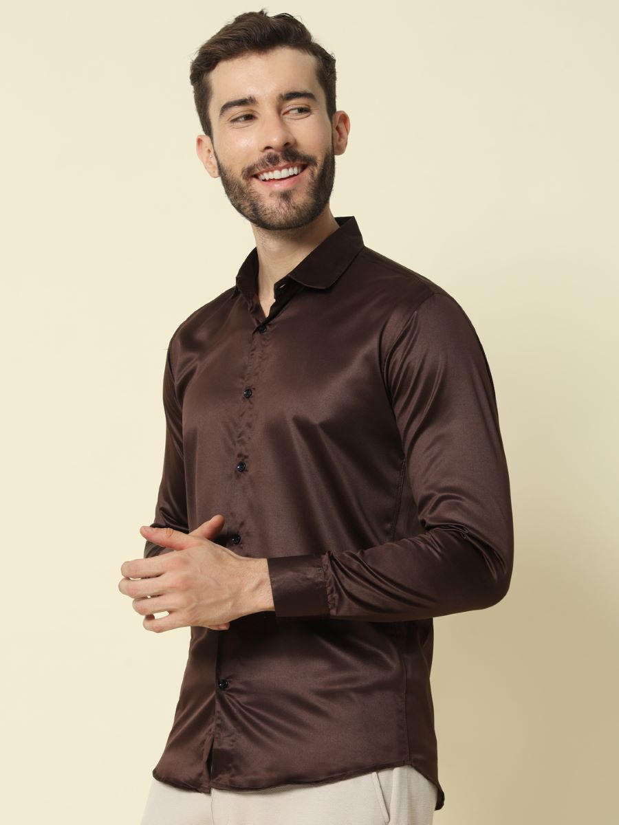 Solid Shiny Solid Dark Brown Shirt For Men.