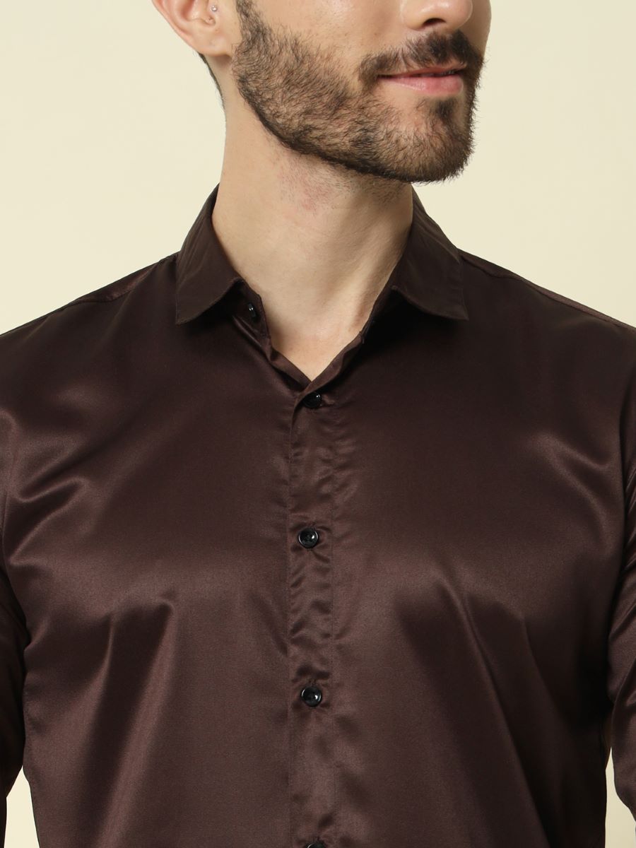 Solid Shiny Solid Dark Brown Shirt For Men.