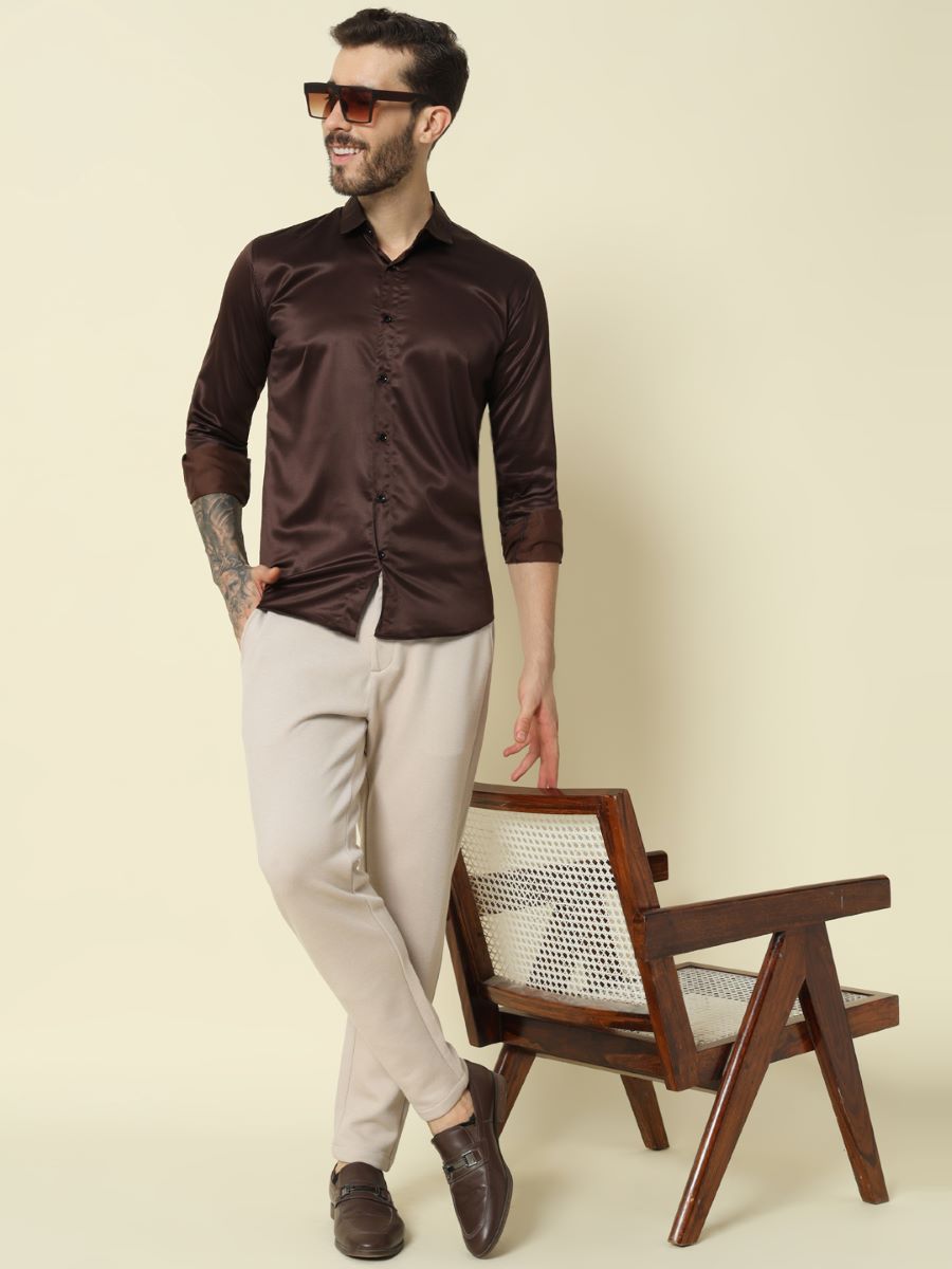 Solid Shiny Solid Dark Brown Shirt For Men.