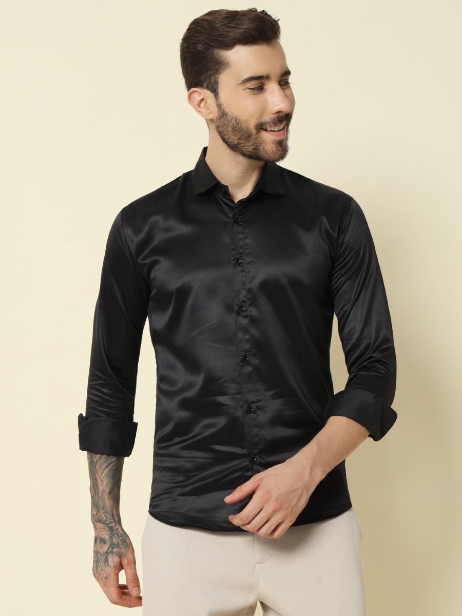 Solid Shiny Solid Black Shirt For Men.