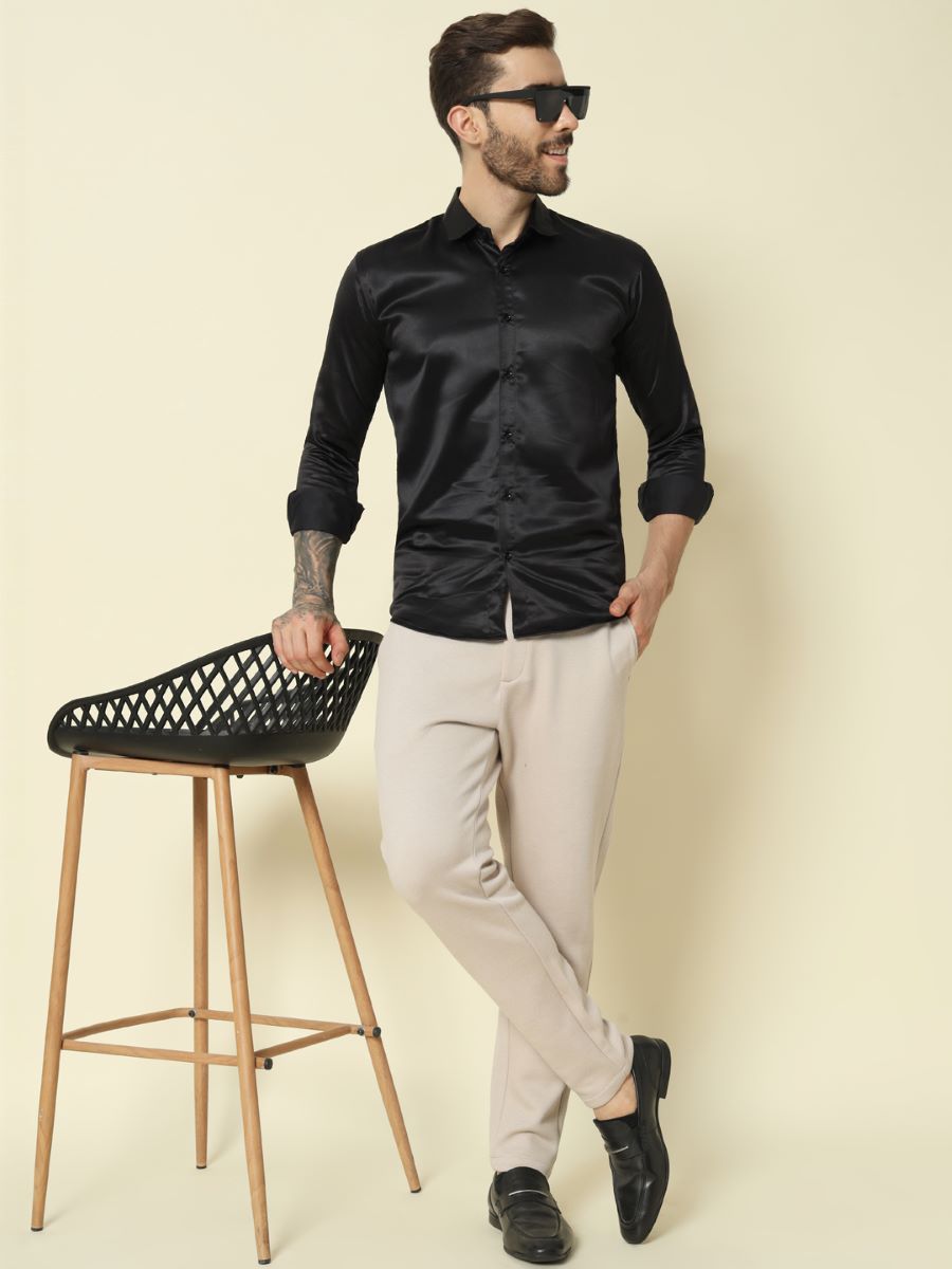 Solid Shiny Solid Black Shirt For Men.