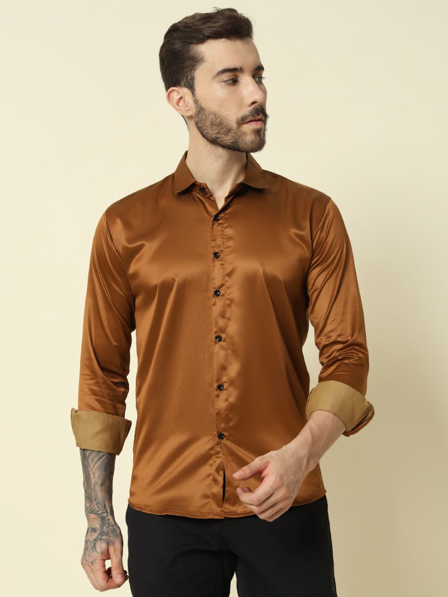 Solid Shiny Solid Brown Shirt For Men.