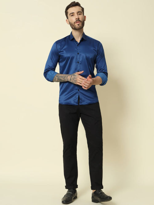 Solid Shiny Solid Dark Blue Shirt For Men.