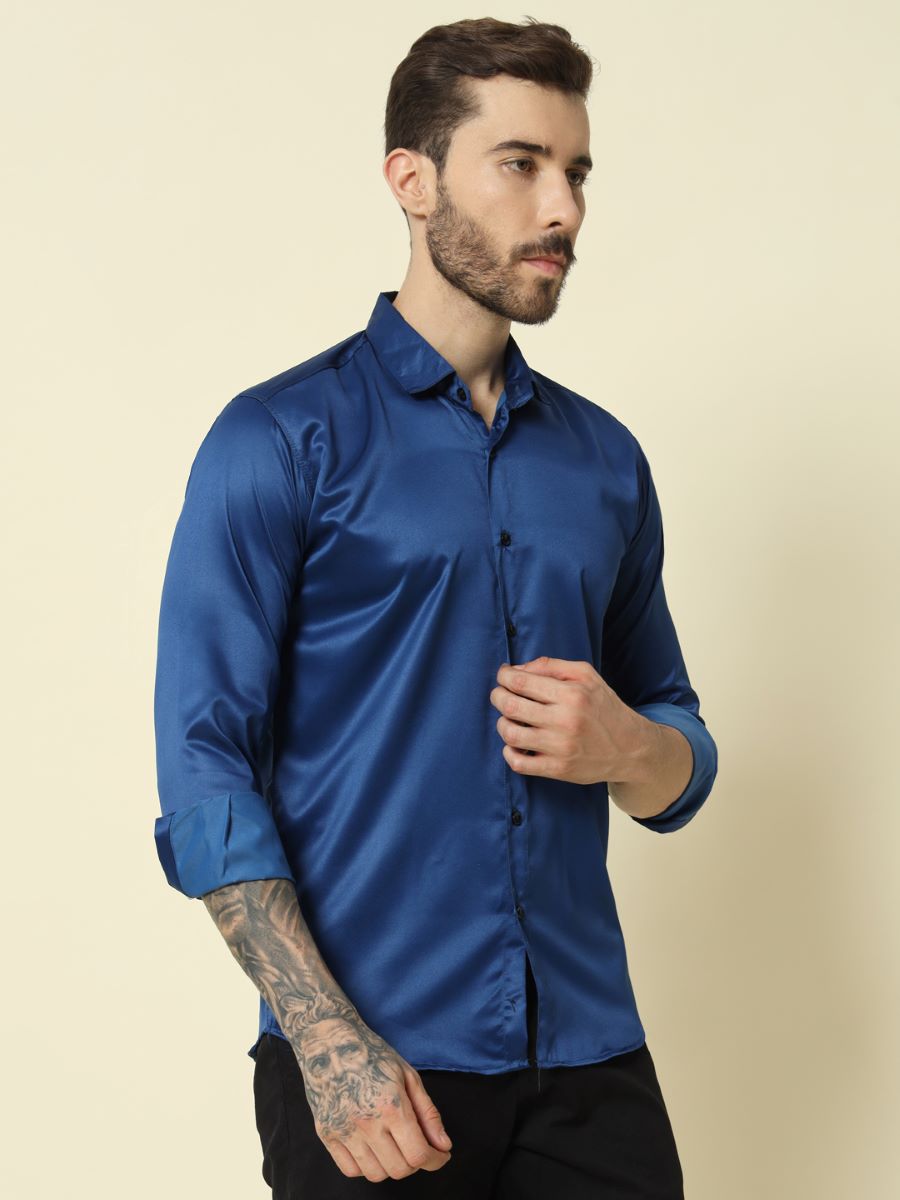 Solid Shiny Solid Dark Blue Shirt For Men - Main Image